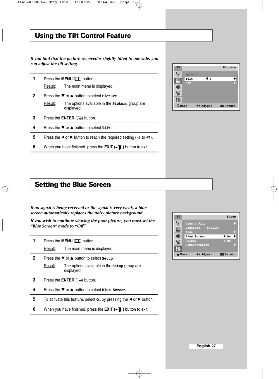 Using the tilt control feature, Setting the blue screen | Samsung WS32A11 User Manual | Page 27 / 52