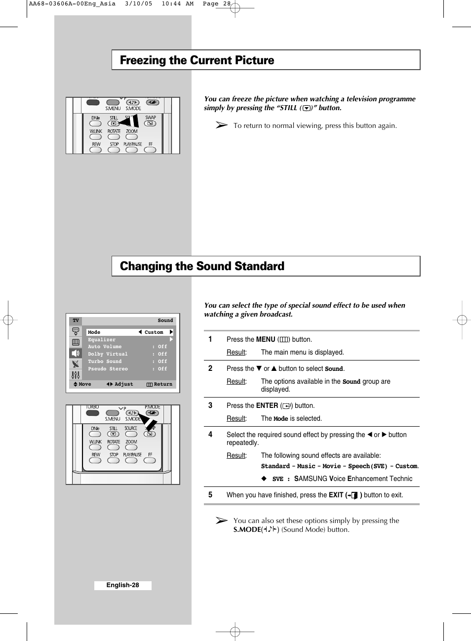 Freezing the current picture, Changing the sound standard | Samsung WS32A11 User Manual | Page 28 / 52
