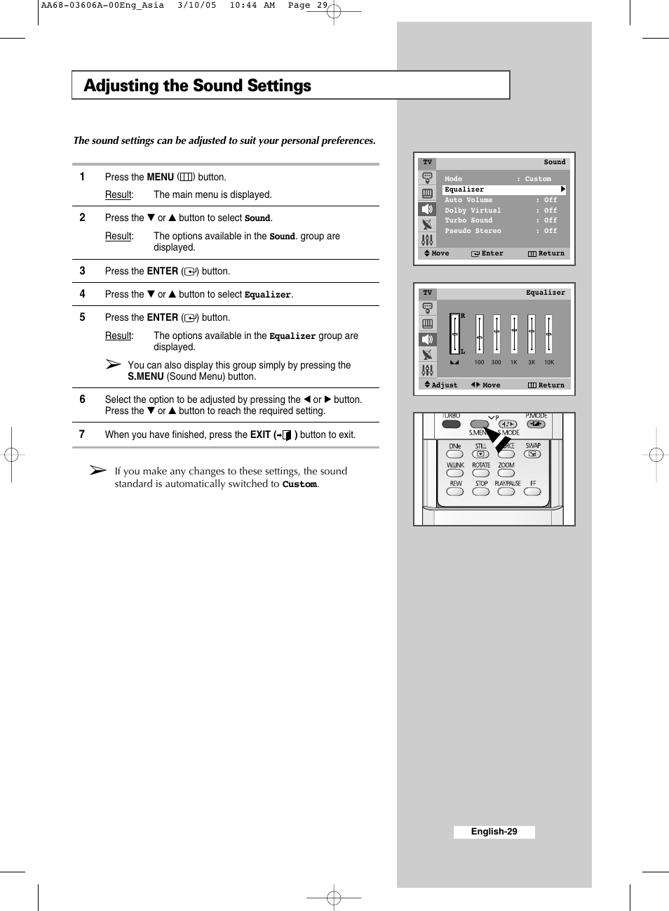 Adjusting the sound settings | Samsung WS32A11 User Manual | Page 29 / 52