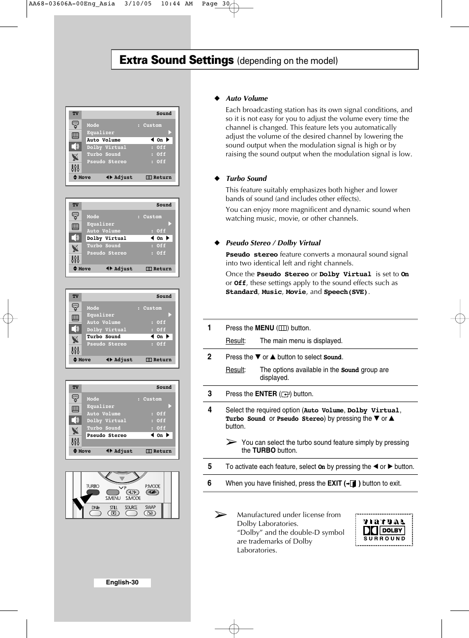 Extra sound settings (depending on the model), Extra sound settings, Depending on the model) | Samsung WS32A11 User Manual | Page 30 / 52