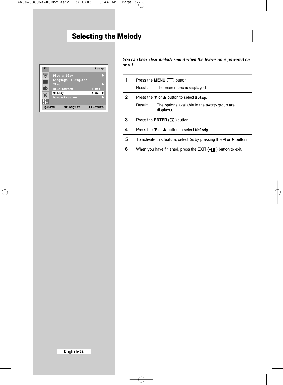 Selecting the melody | Samsung WS32A11 User Manual | Page 32 / 52
