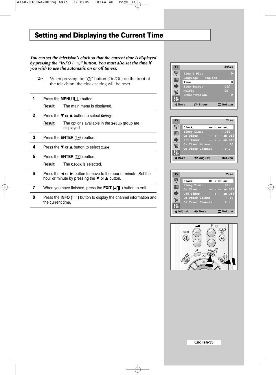 Setting and displaying the current time | Samsung WS32A11 User Manual | Page 33 / 52