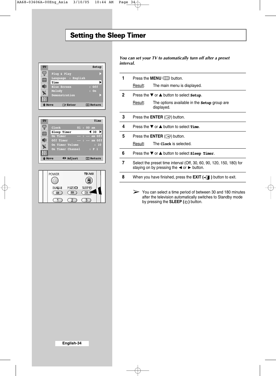 Setting the sleep timer | Samsung WS32A11 User Manual | Page 34 / 52