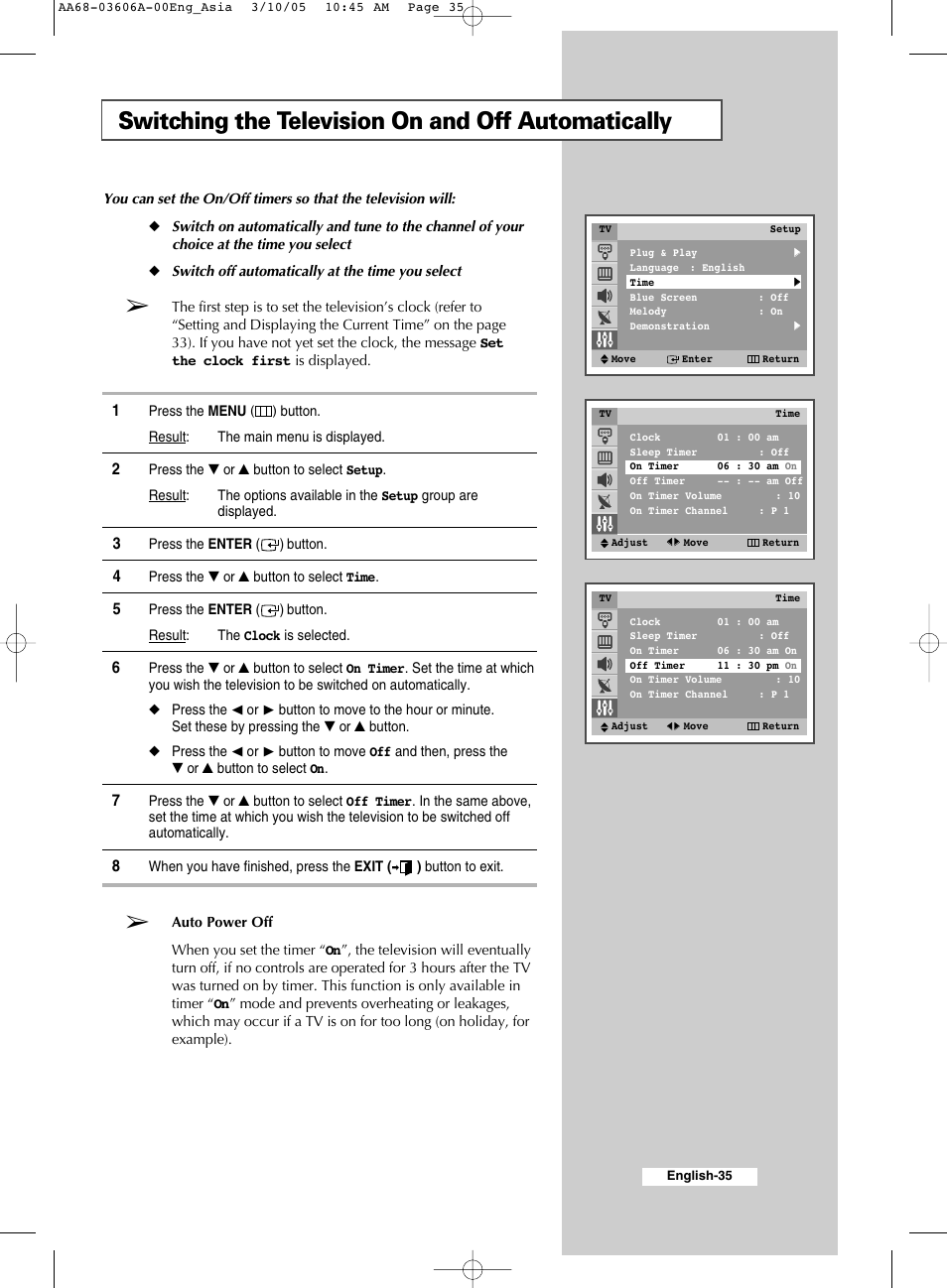 Switching the television on and off automatically | Samsung WS32A11 User Manual | Page 35 / 52