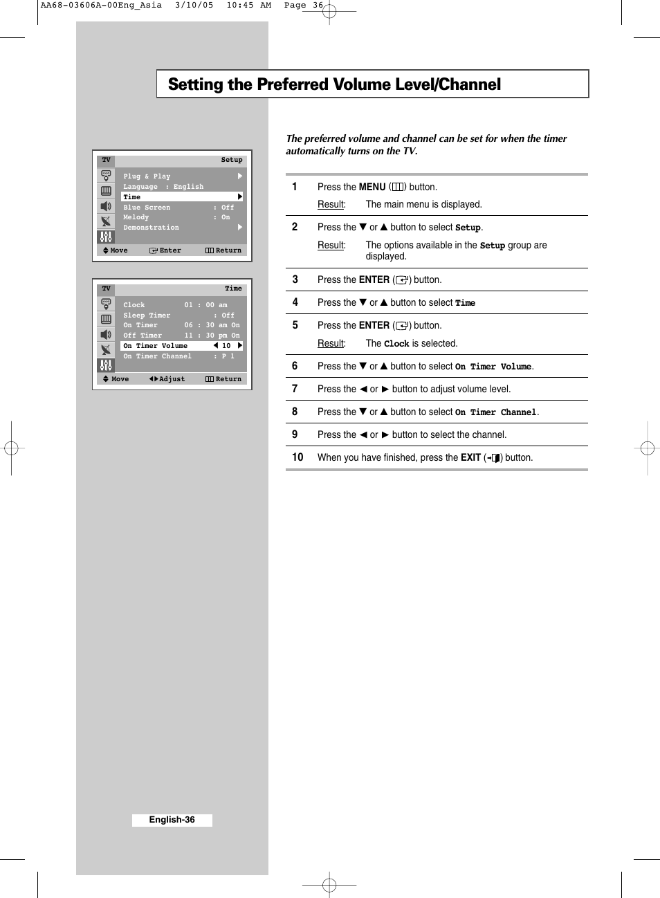 Setting the preferred volume level/channel | Samsung WS32A11 User Manual | Page 36 / 52