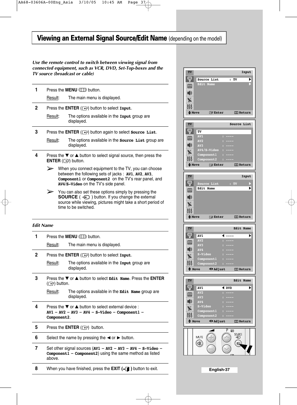 Viewing an external signal source/edit name, Depending on the model) | Samsung WS32A11 User Manual | Page 37 / 52