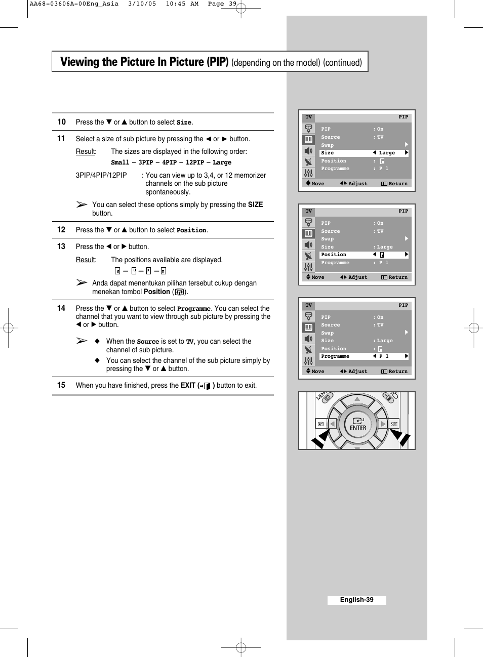 Viewing the picture in picture (pip), Depending on the model) (continued) | Samsung WS32A11 User Manual | Page 39 / 52