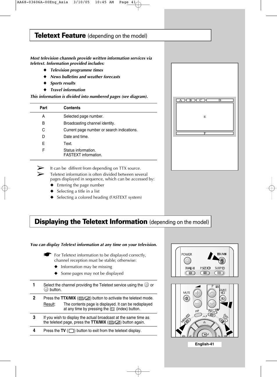 Using the teletext feature, Teletext feature (depending on the model), Teletext feature | Displaying the teletext information | Samsung WS32A11 User Manual | Page 41 / 52