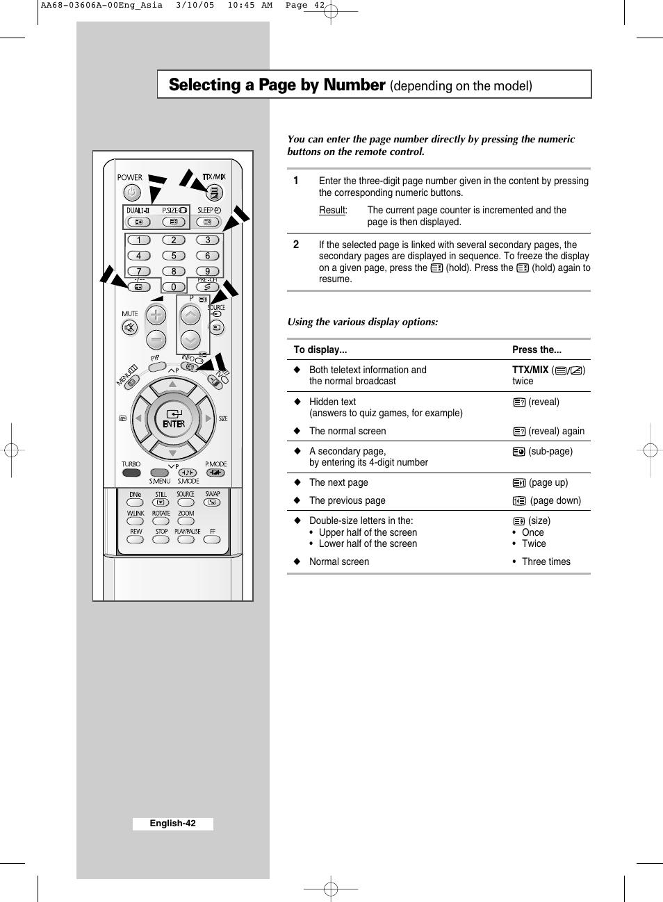 Selecting a page by number, Depending on the model) | Samsung WS32A11 User Manual | Page 42 / 52