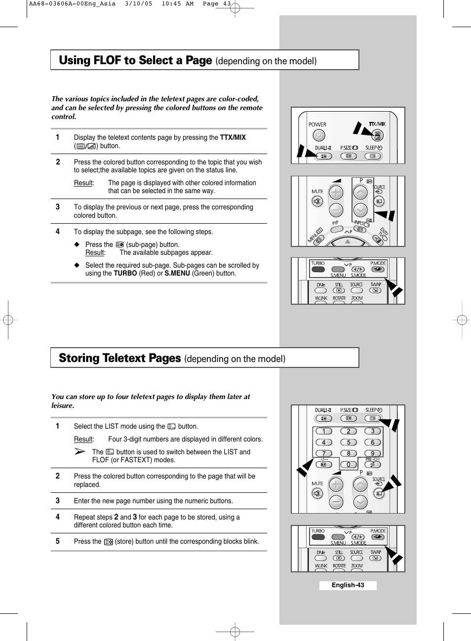Using flof to select a page, Storing teletext pages, Depending on the model) | Samsung WS32A11 User Manual | Page 43 / 52