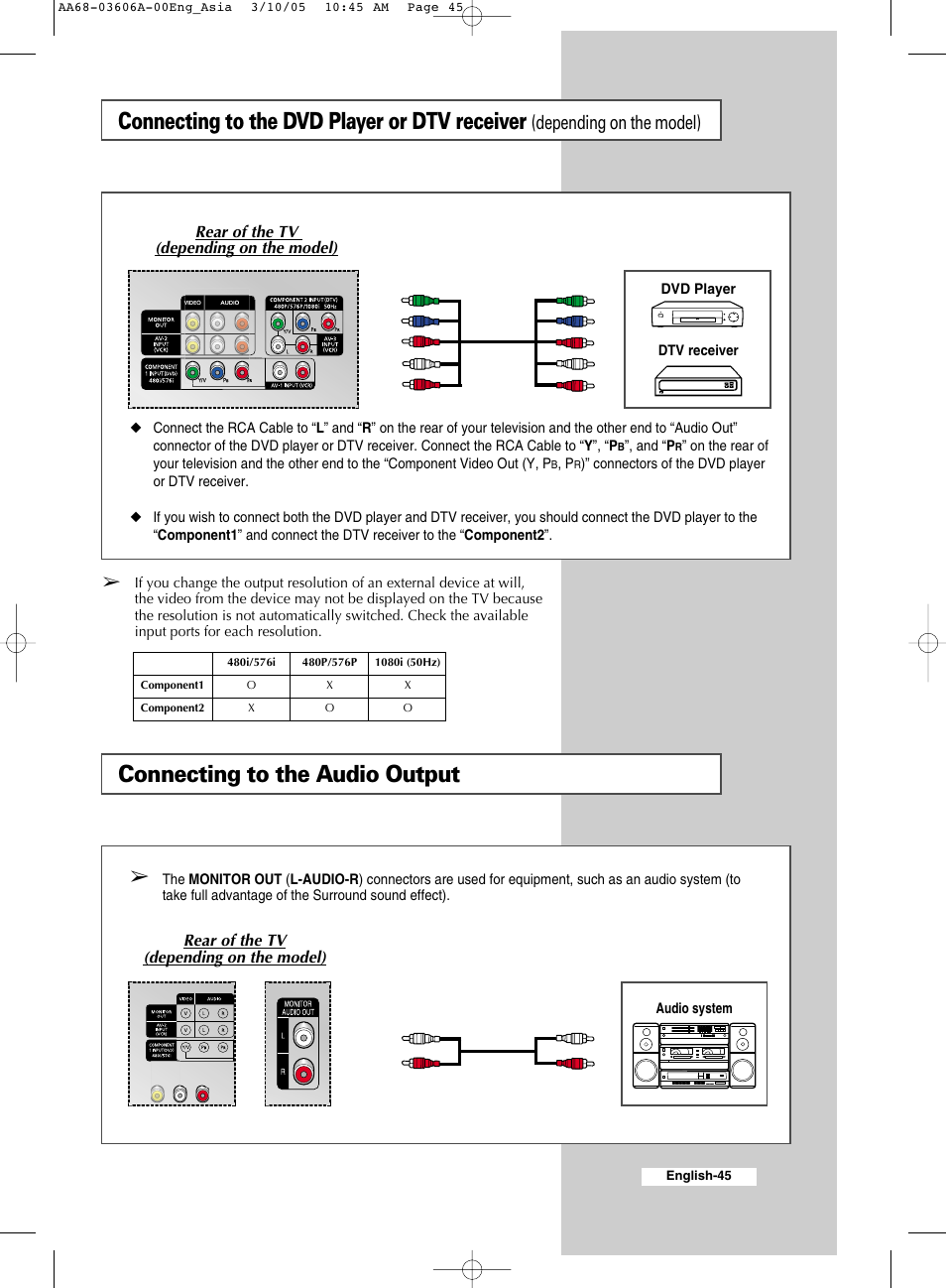 Connecting to the audio output, Connecting to the dvd player or dtv receiver, Depending on the model) | Samsung WS32A11 User Manual | Page 45 / 52