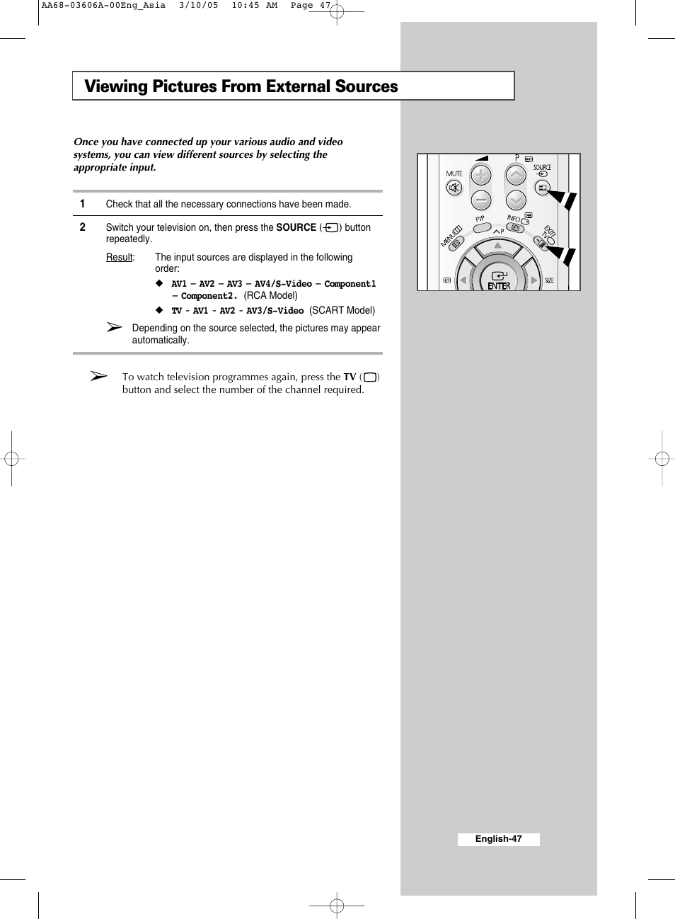 Viewing pictures from external sources | Samsung WS32A11 User Manual | Page 47 / 52