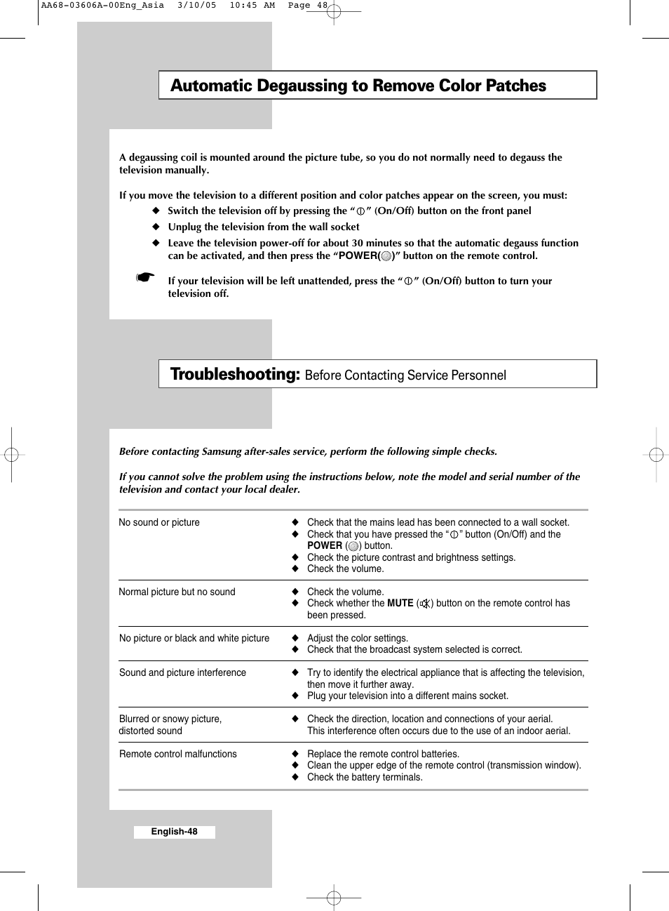 Recommendations for use, Automatic degaussing to remove color patches, Troubleshooting | Before contacting service personnel | Samsung WS32A11 User Manual | Page 48 / 52