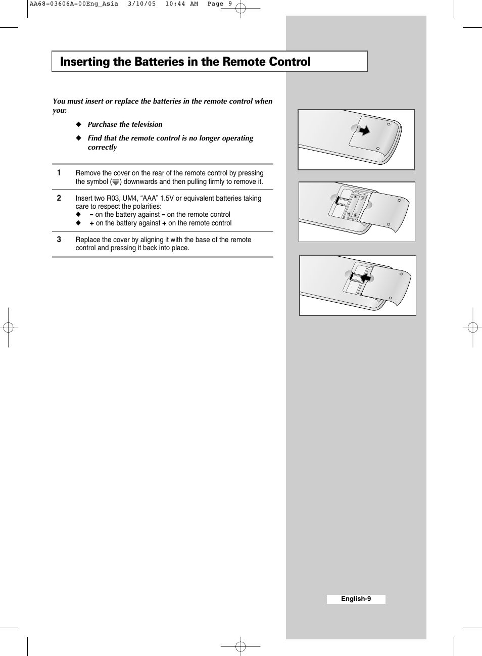 Inserting the batteries in the remote control | Samsung WS32A11 User Manual | Page 9 / 52