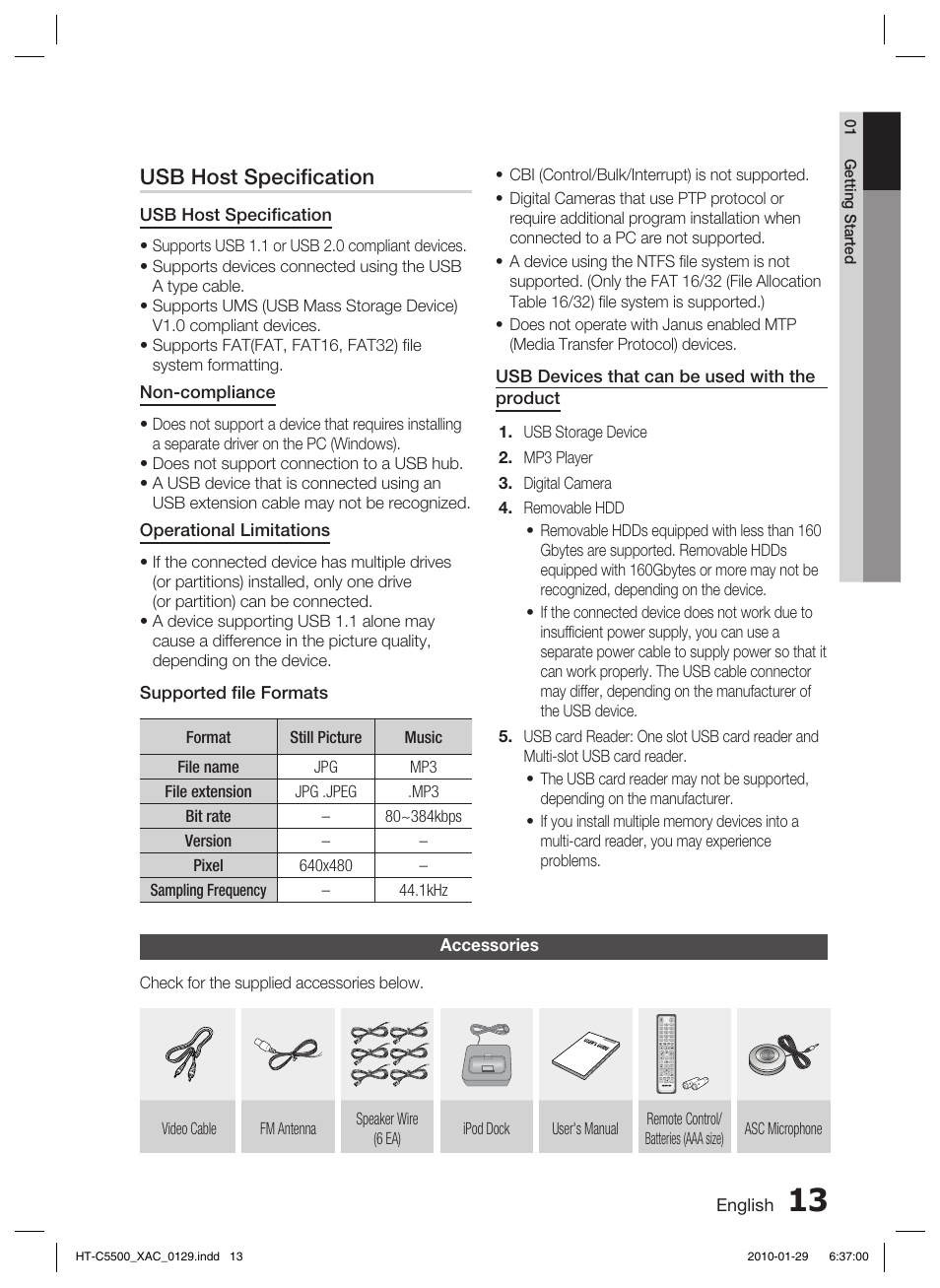 Accessories, Usb host speciﬁ cation | Samsung AH68-02258S User Manual | Page 13 / 68