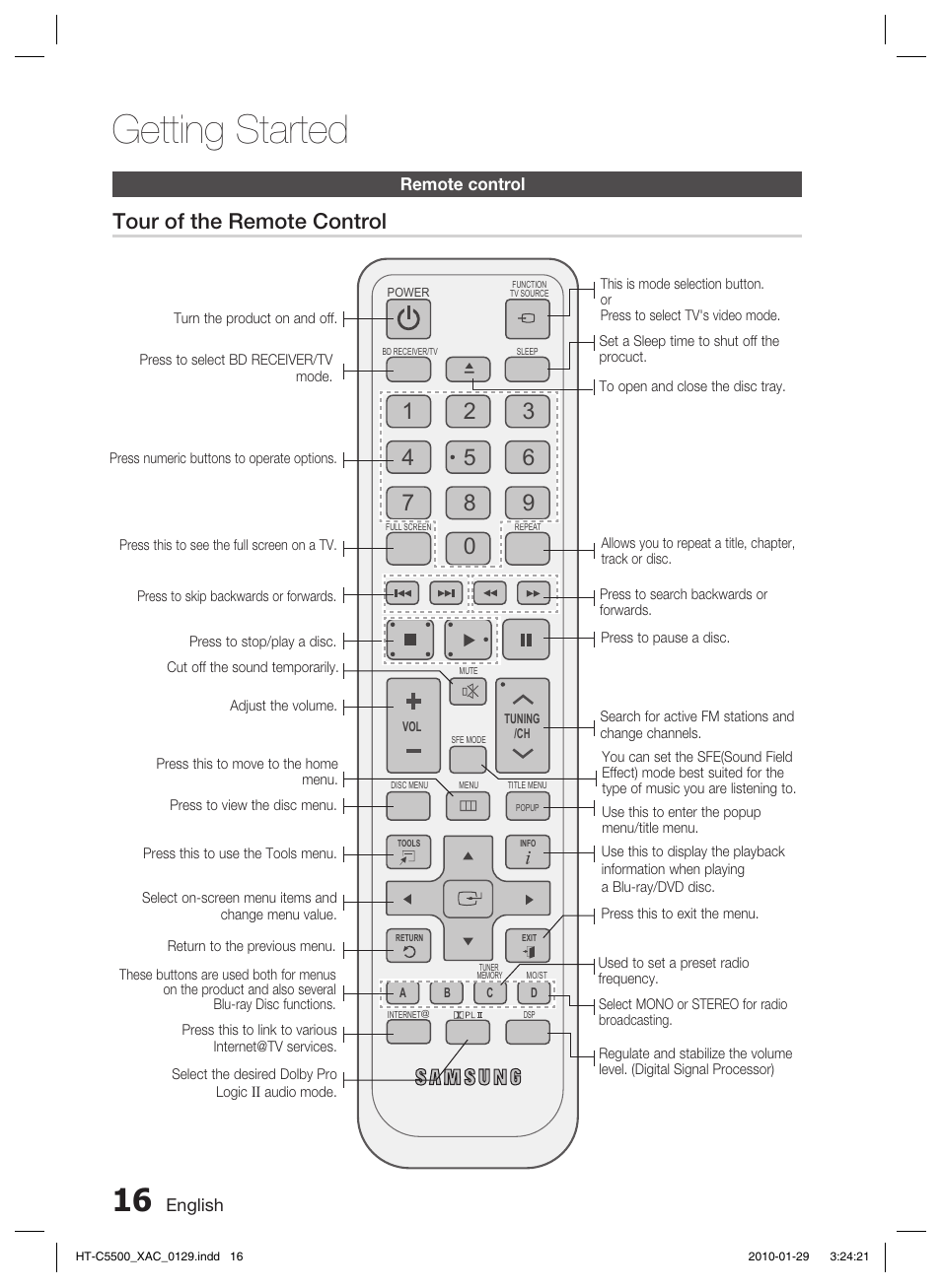 Remote control, Getting started, Tour of the remote control | Samsung AH68-02258S User Manual | Page 16 / 68