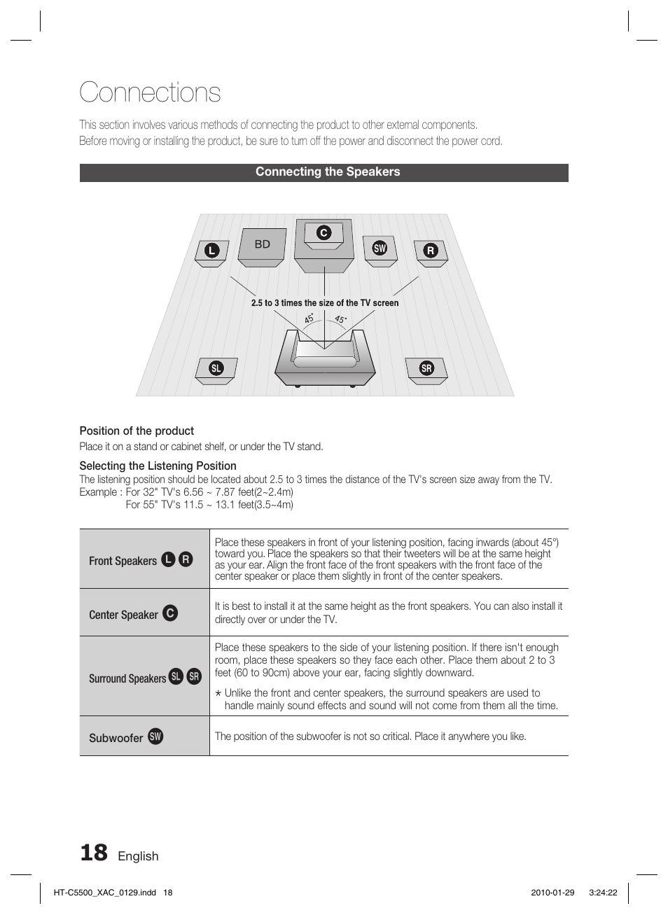 Connections, Connecting the speakers | Samsung AH68-02258S User Manual | Page 18 / 68