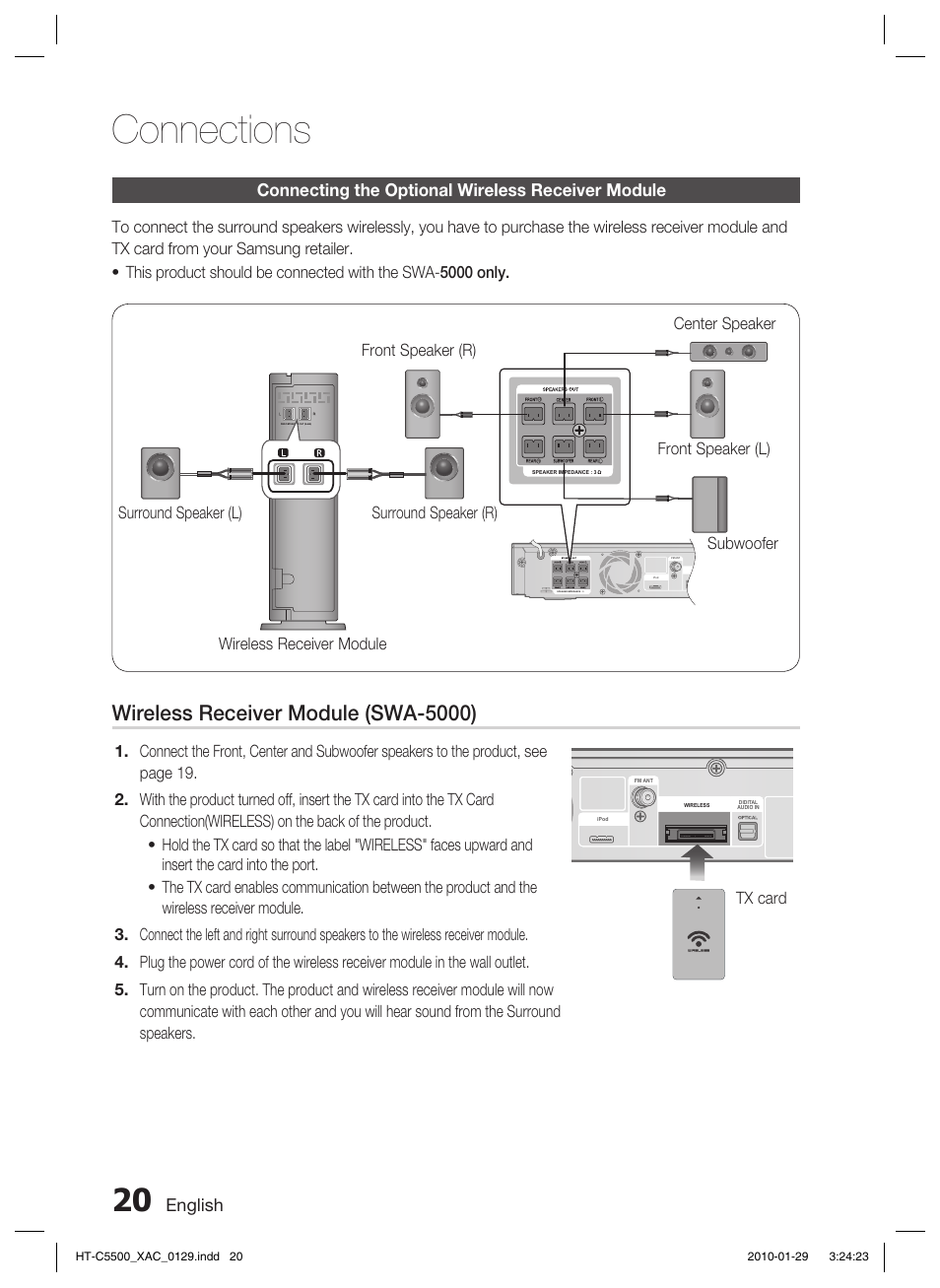 Connecting the optional wireless receiver module, Connections, Wireless receiver module (swa-5000) | English | Samsung AH68-02258S User Manual | Page 20 / 68