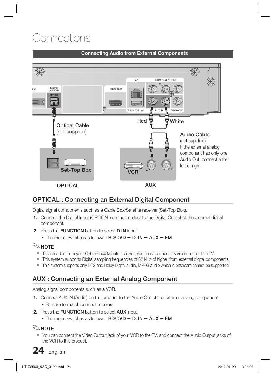 Connecting audio from external components, Connections, Optical : connecting an external digital component | Aux : connecting an external analog component | Samsung AH68-02258S User Manual | Page 24 / 68