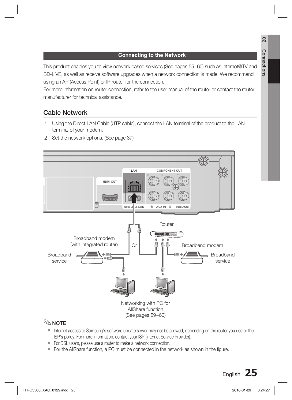 Connecting to the network, Cable network | Samsung AH68-02258S User Manual | Page 25 / 68