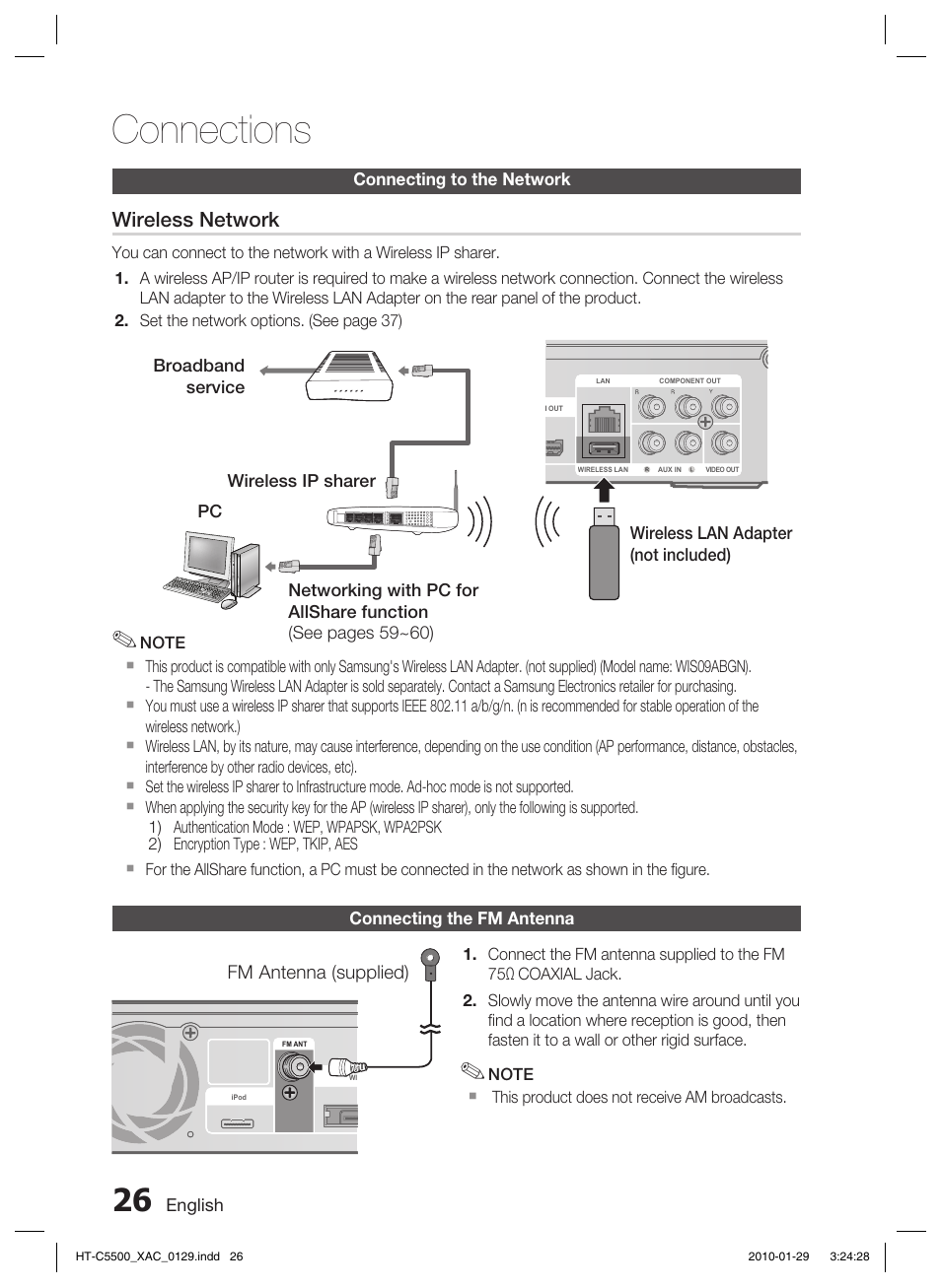 Connecting to the network, Connecting the fm antenna, Connections | Wireless network | Samsung AH68-02258S User Manual | Page 26 / 68