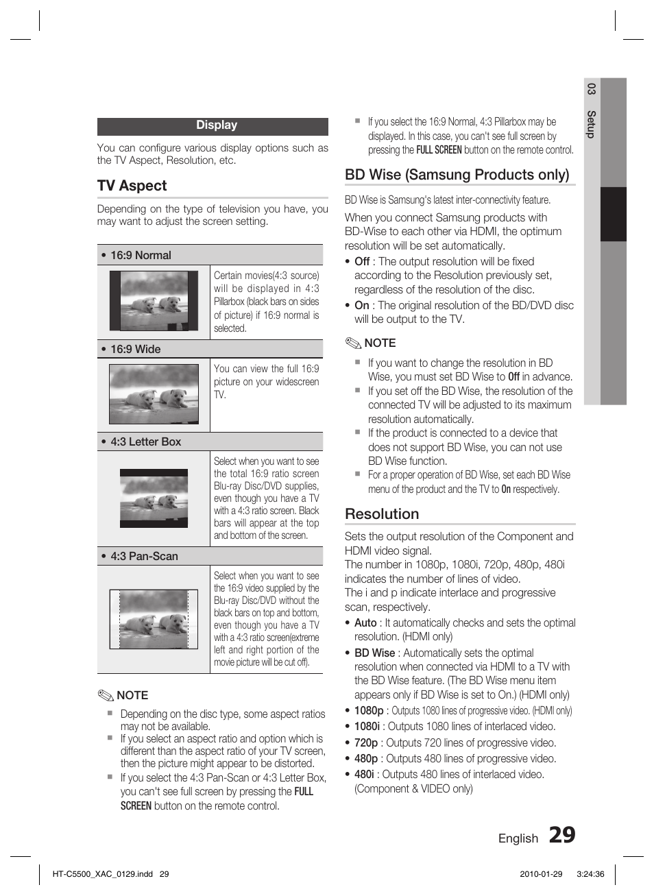 Display, Tv aspect, Bd wise (samsung products only) | Resolution | Samsung AH68-02258S User Manual | Page 29 / 68