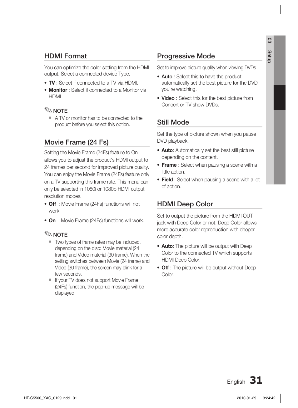 Hdmi format, Movie frame (24 fs), Progressive mode | Still mode, Hdmi deep color | Samsung AH68-02258S User Manual | Page 31 / 68