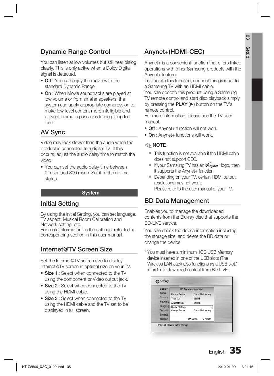 System, Dynamic range control, Av sync | Initial setting, Internet@tv screen size, Anynet+(hdmi-cec), Bd data management | Samsung AH68-02258S User Manual | Page 35 / 68