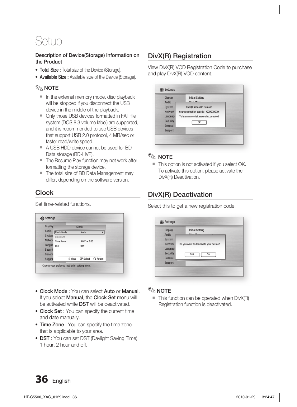 Setup, Clock, Divx(r) registration | Divx(r) deactivation, English | Samsung AH68-02258S User Manual | Page 36 / 68