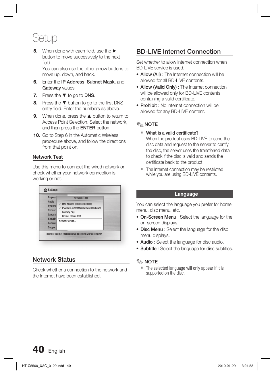 Language, Setup, Network status | Bd-live internet connection | Samsung AH68-02258S User Manual | Page 40 / 68