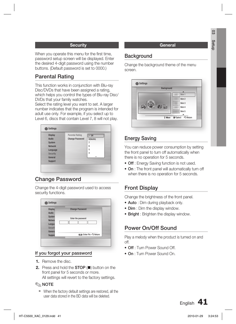 Security, General, Parental rating | Change password, Background, Energy saving, Front display, Power on/off sound, English, If you forgot your password | Samsung AH68-02258S User Manual | Page 41 / 68