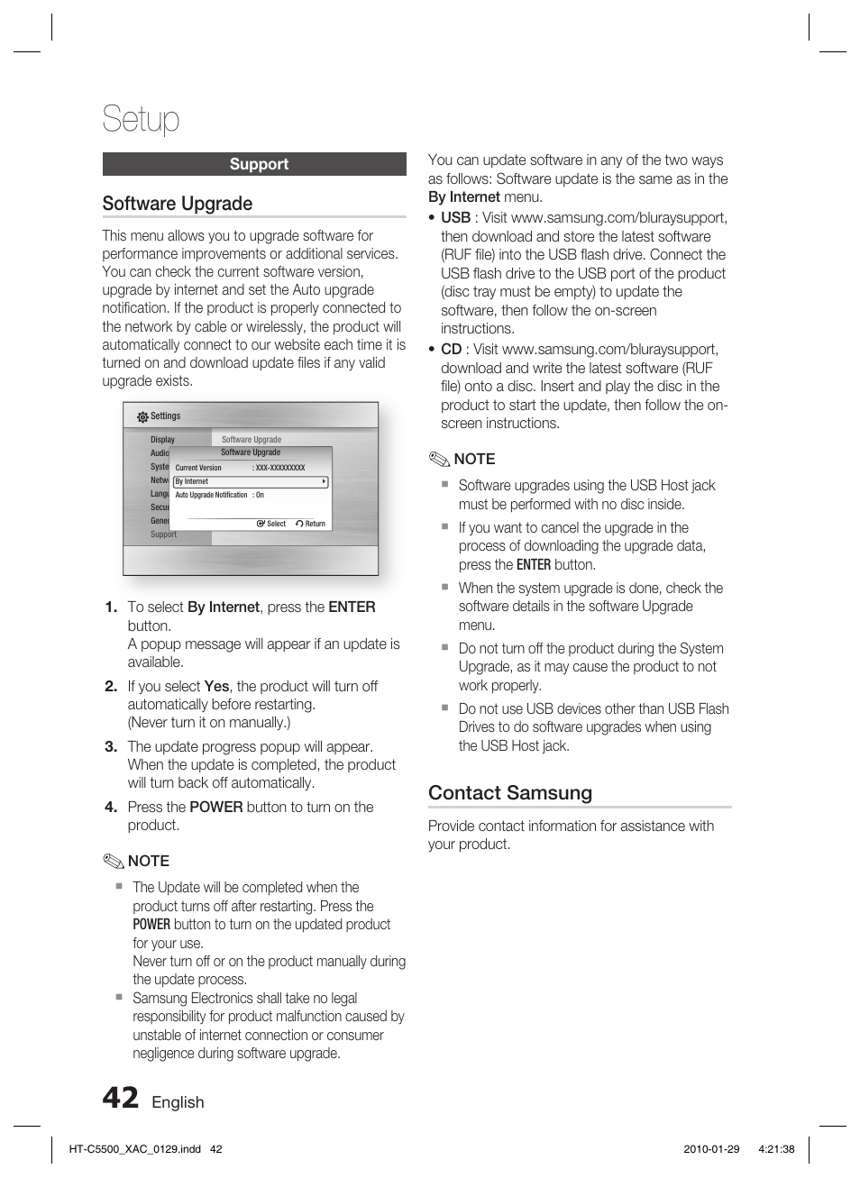 Support, Setup, Software upgrade | Contact samsung | Samsung AH68-02258S User Manual | Page 42 / 68