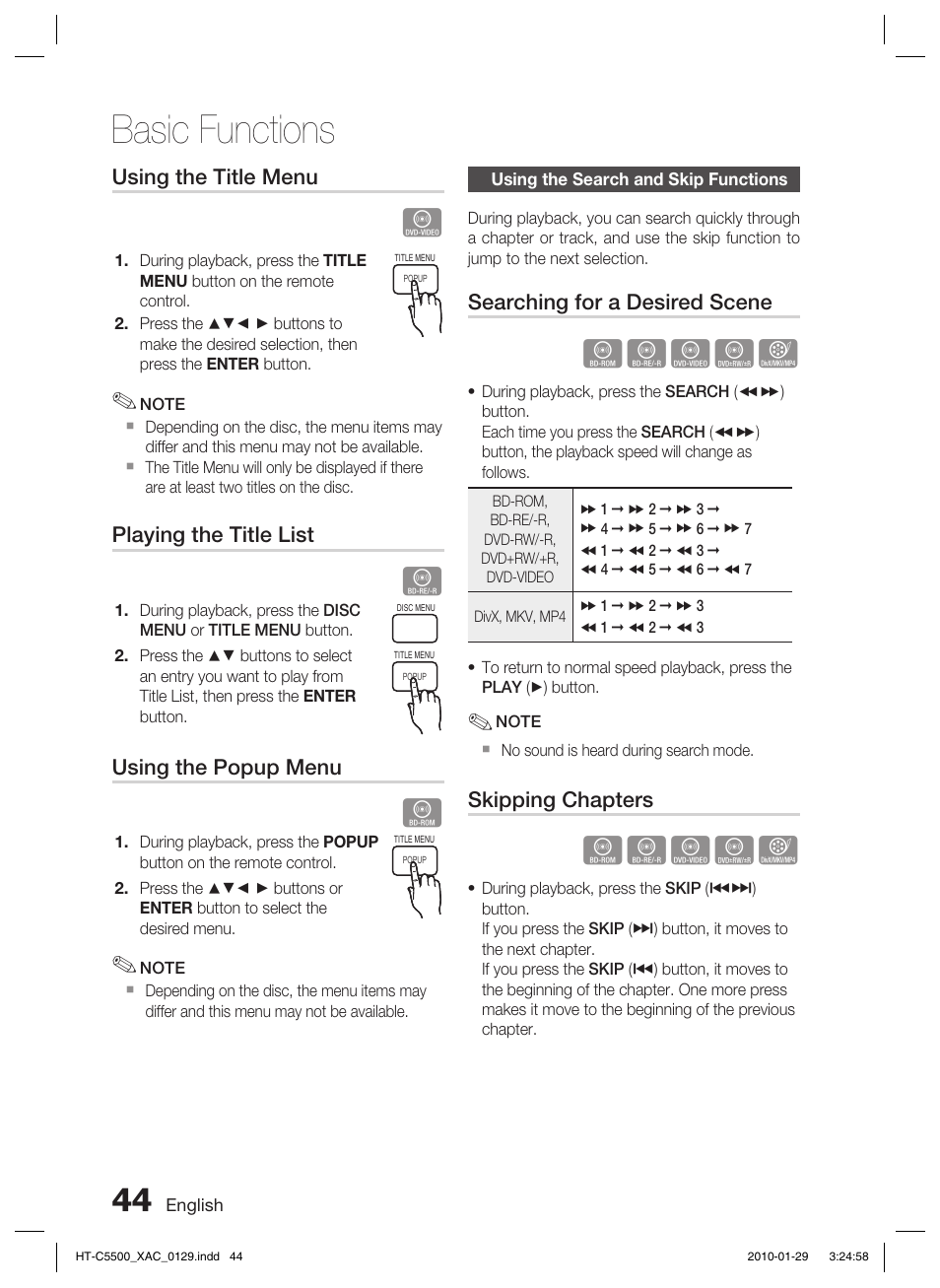 Using the search and skip functions, Basic functions, Hzzyx | Samsung AH68-02258S User Manual | Page 44 / 68