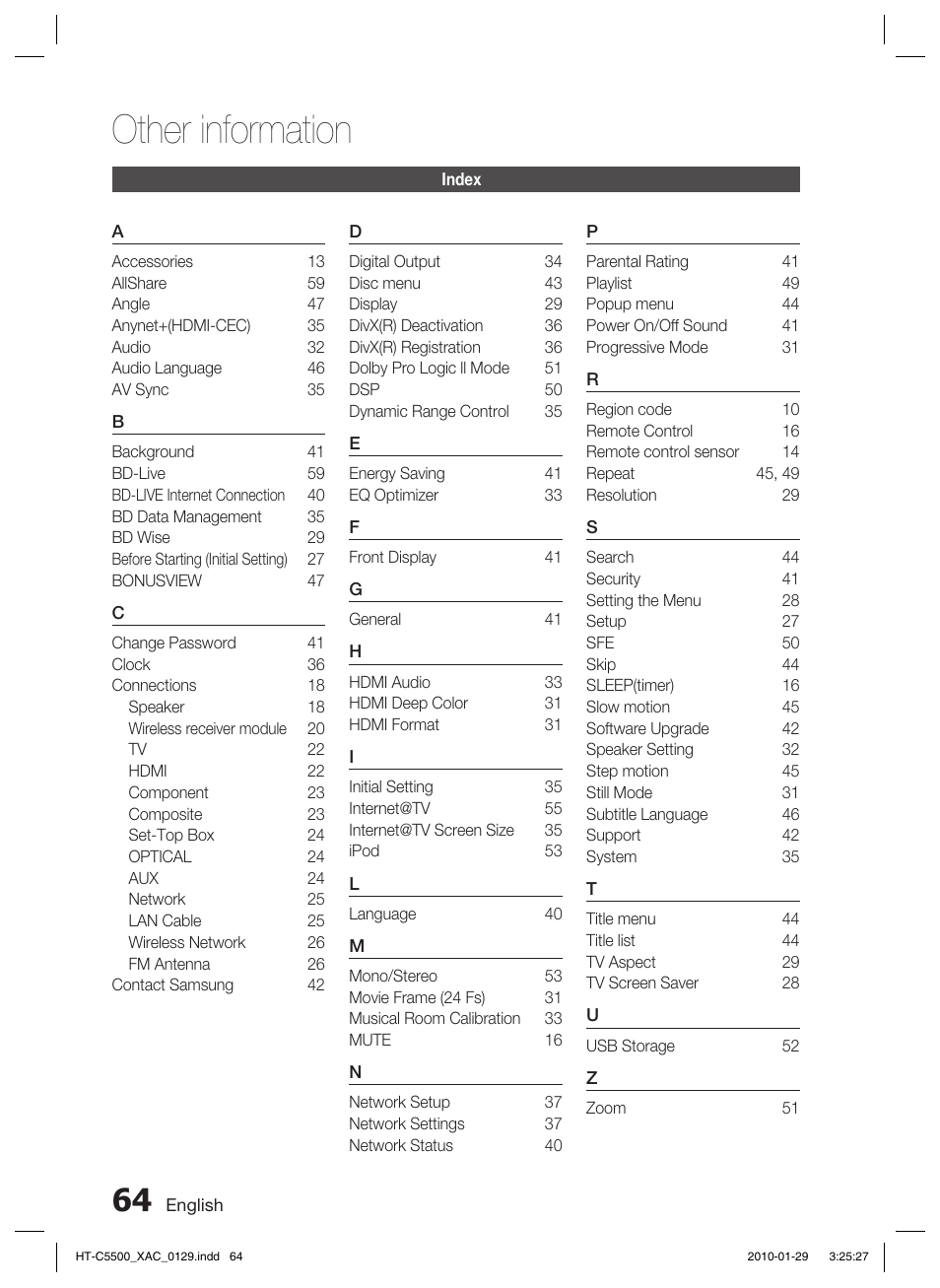 Index, Other information | Samsung AH68-02258S User Manual | Page 64 / 68