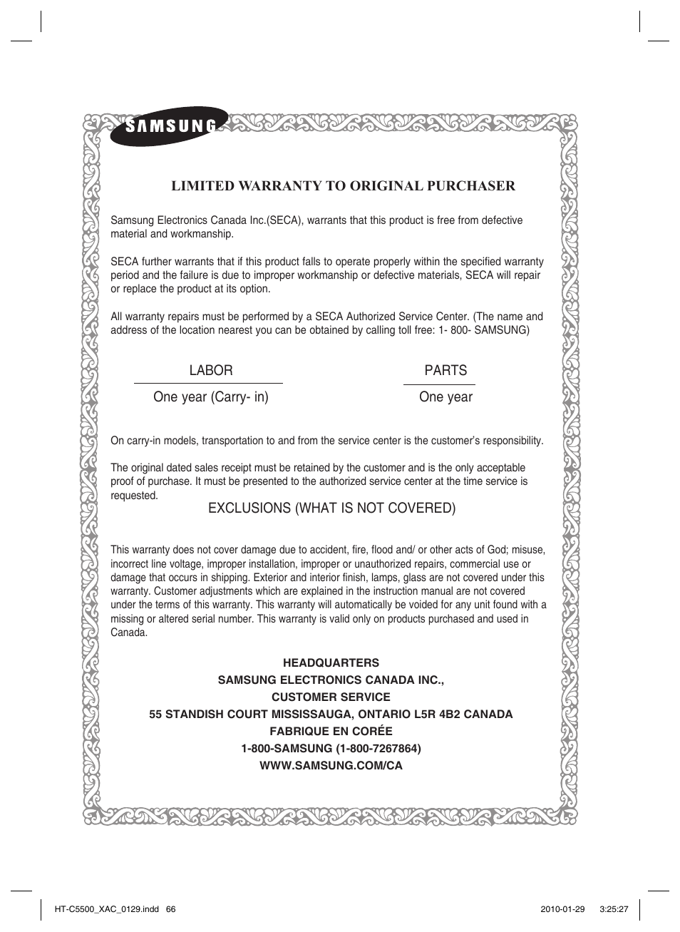 Limited warranty to original purchaser, Labor one year (carry- in) parts one year, Exclusions (what is not covered) | Samsung AH68-02258S User Manual | Page 66 / 68