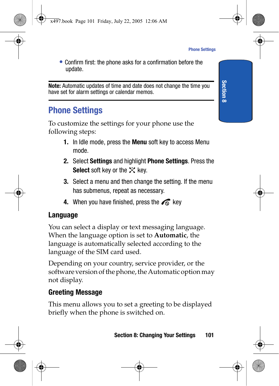 Phone settings, Language, Greeting message | Samsung SGH-x497 User Manual | Page 101 / 196