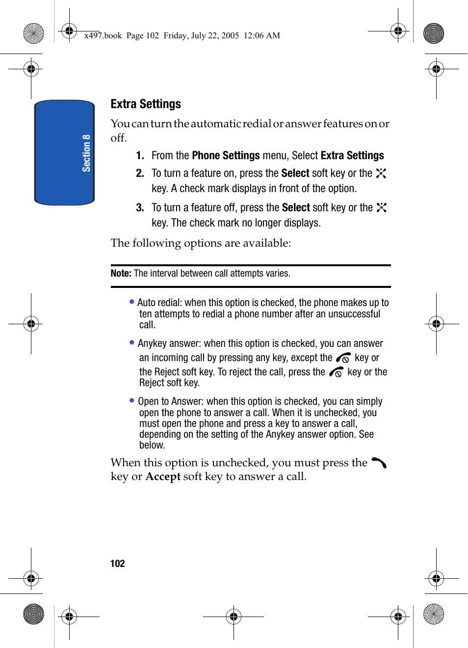 Extra settings | Samsung SGH-x497 User Manual | Page 102 / 196