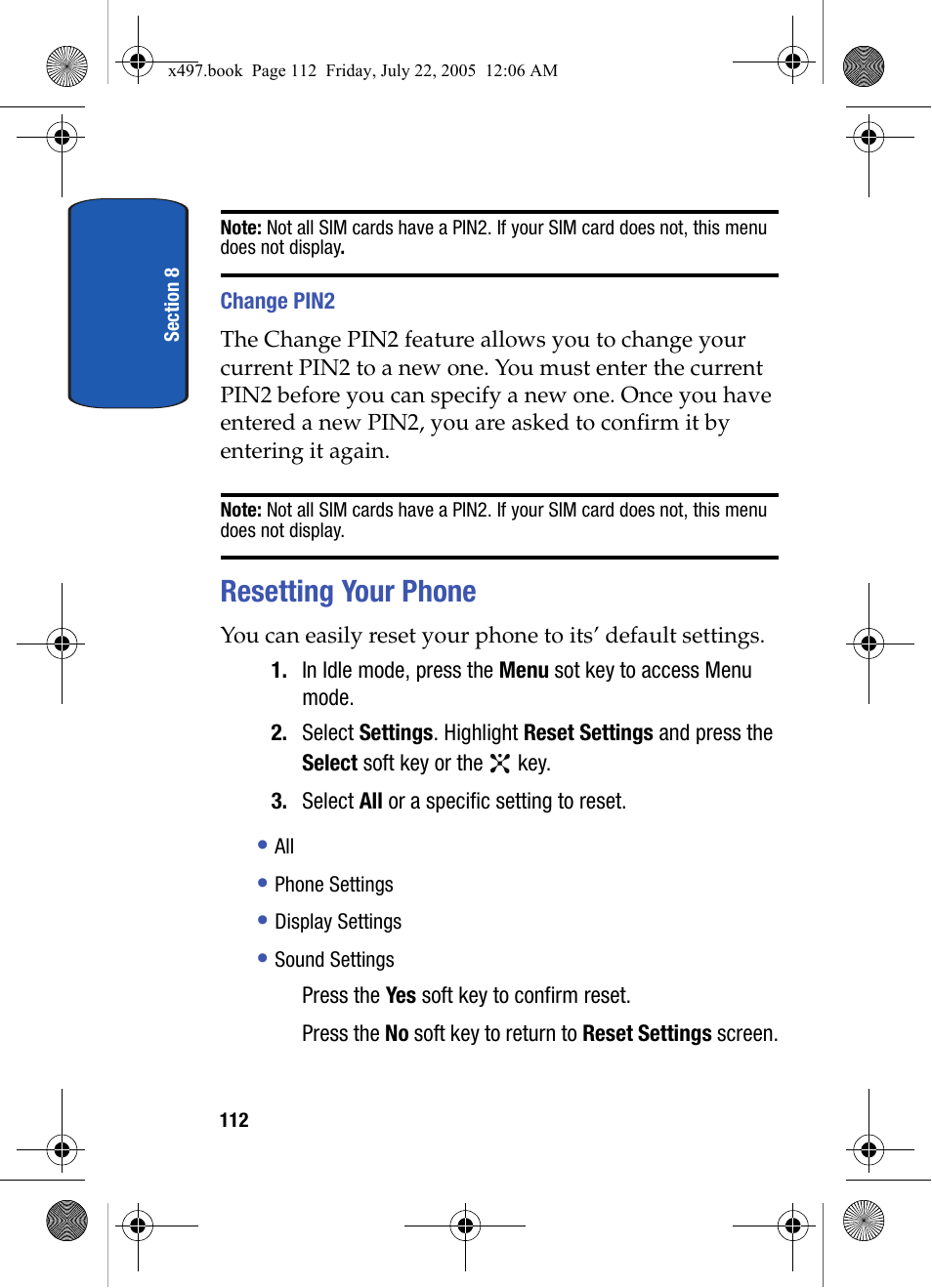 Change pin2, Resetting your phone | Samsung SGH-x497 User Manual | Page 112 / 196