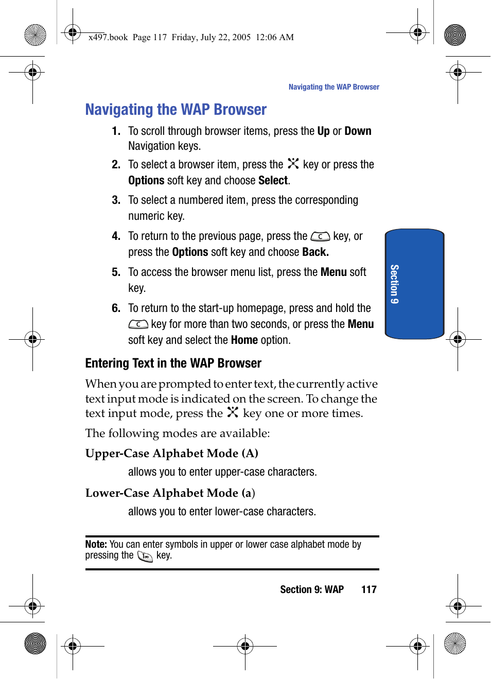 Navigating the wap browser, Entering text in the wap browser | Samsung SGH-x497 User Manual | Page 117 / 196