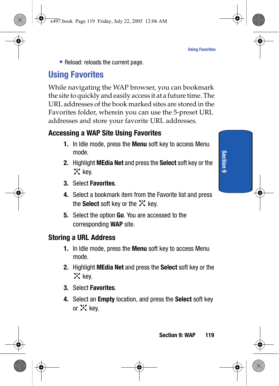 Using favorites, Accessing a wap site using favorites, Storing a url address | Samsung SGH-x497 User Manual | Page 119 / 196
