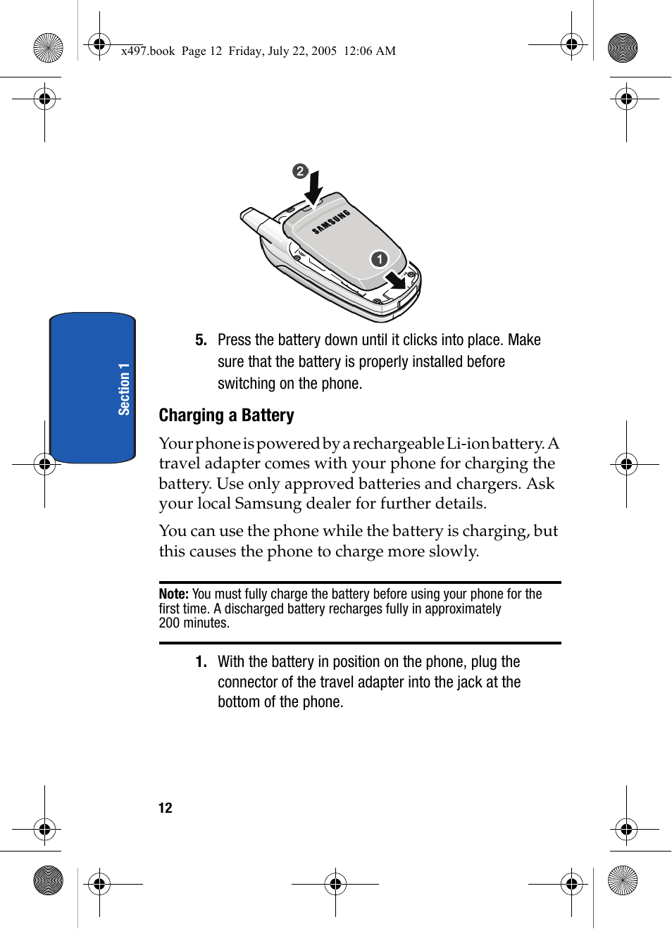 Charging a battery | Samsung SGH-x497 User Manual | Page 12 / 196