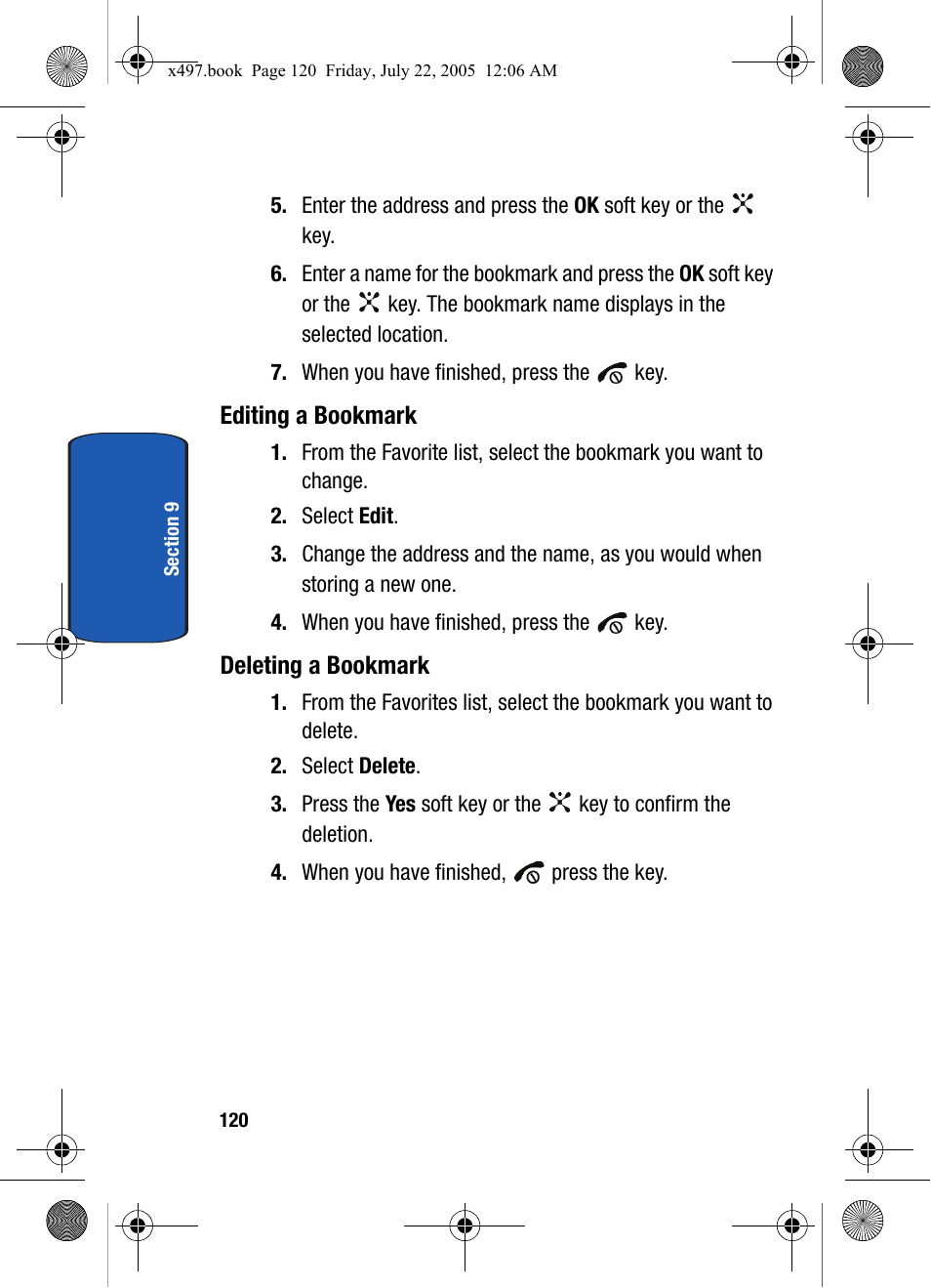 Editing a bookmark, Deleting a bookmark | Samsung SGH-x497 User Manual | Page 120 / 196