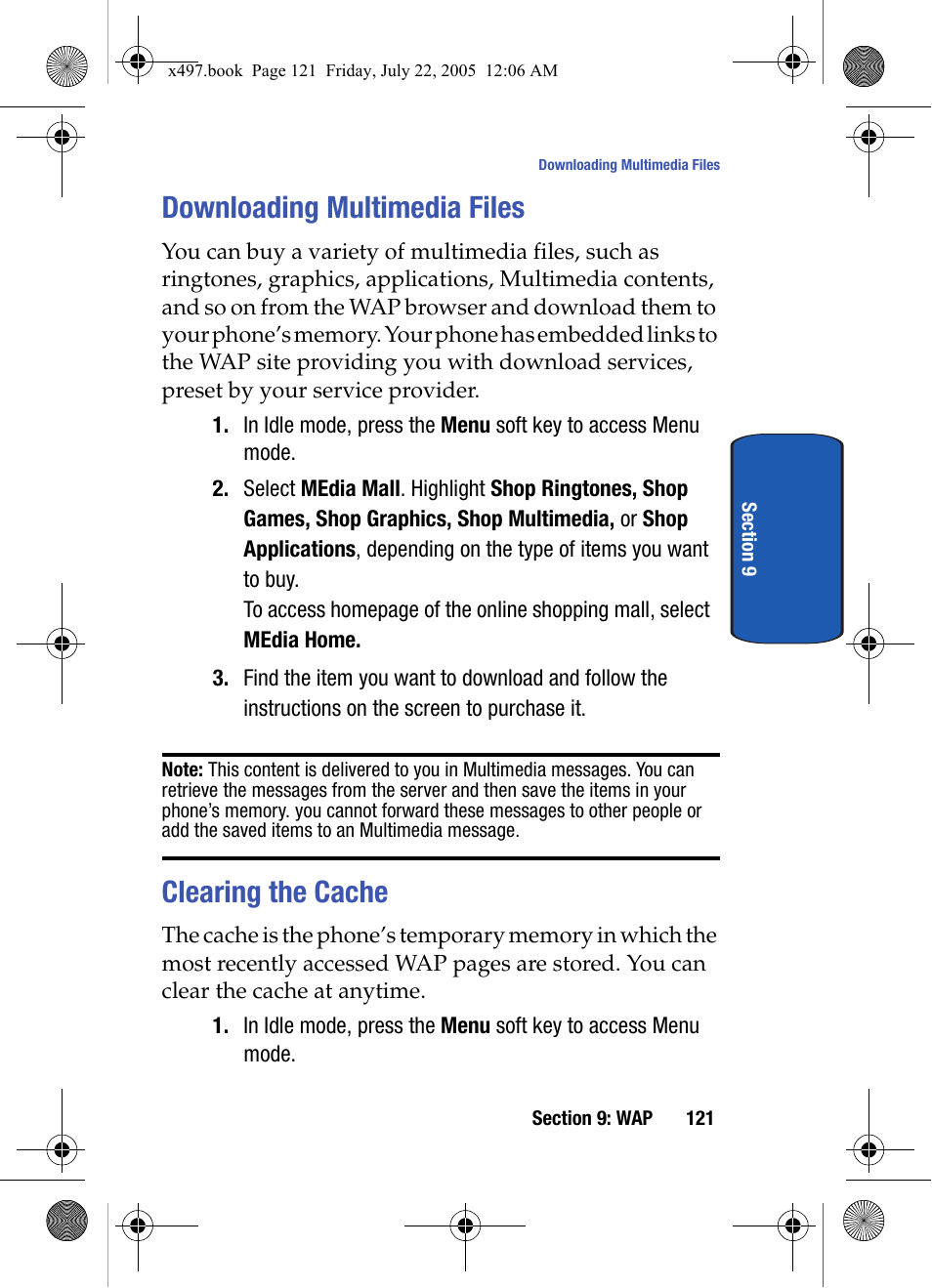 Downloading multimedia files, Clearing the cache, Downloading multimedia files clearing the cache | Samsung SGH-x497 User Manual | Page 121 / 196