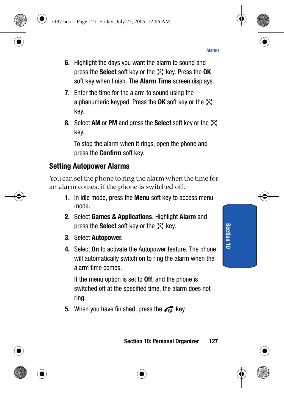 Setting autopower alarms | Samsung SGH-x497 User Manual | Page 127 / 196