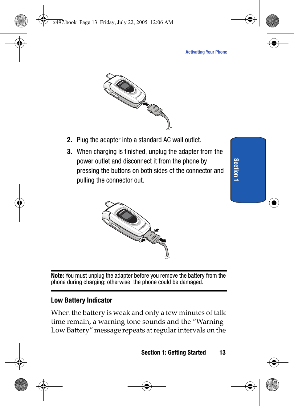 Low battery indicator | Samsung SGH-x497 User Manual | Page 13 / 196