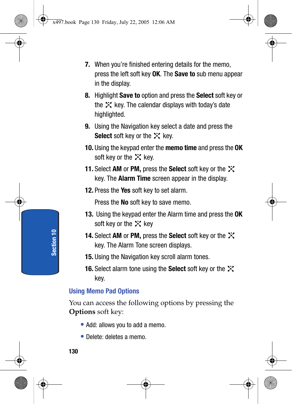 Using memo pad options | Samsung SGH-x497 User Manual | Page 130 / 196