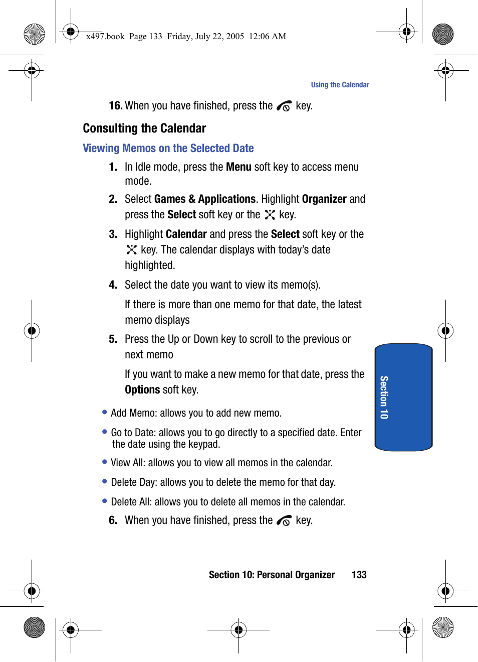 Consulting the calendar, Viewing memos on the selected date | Samsung SGH-x497 User Manual | Page 133 / 196