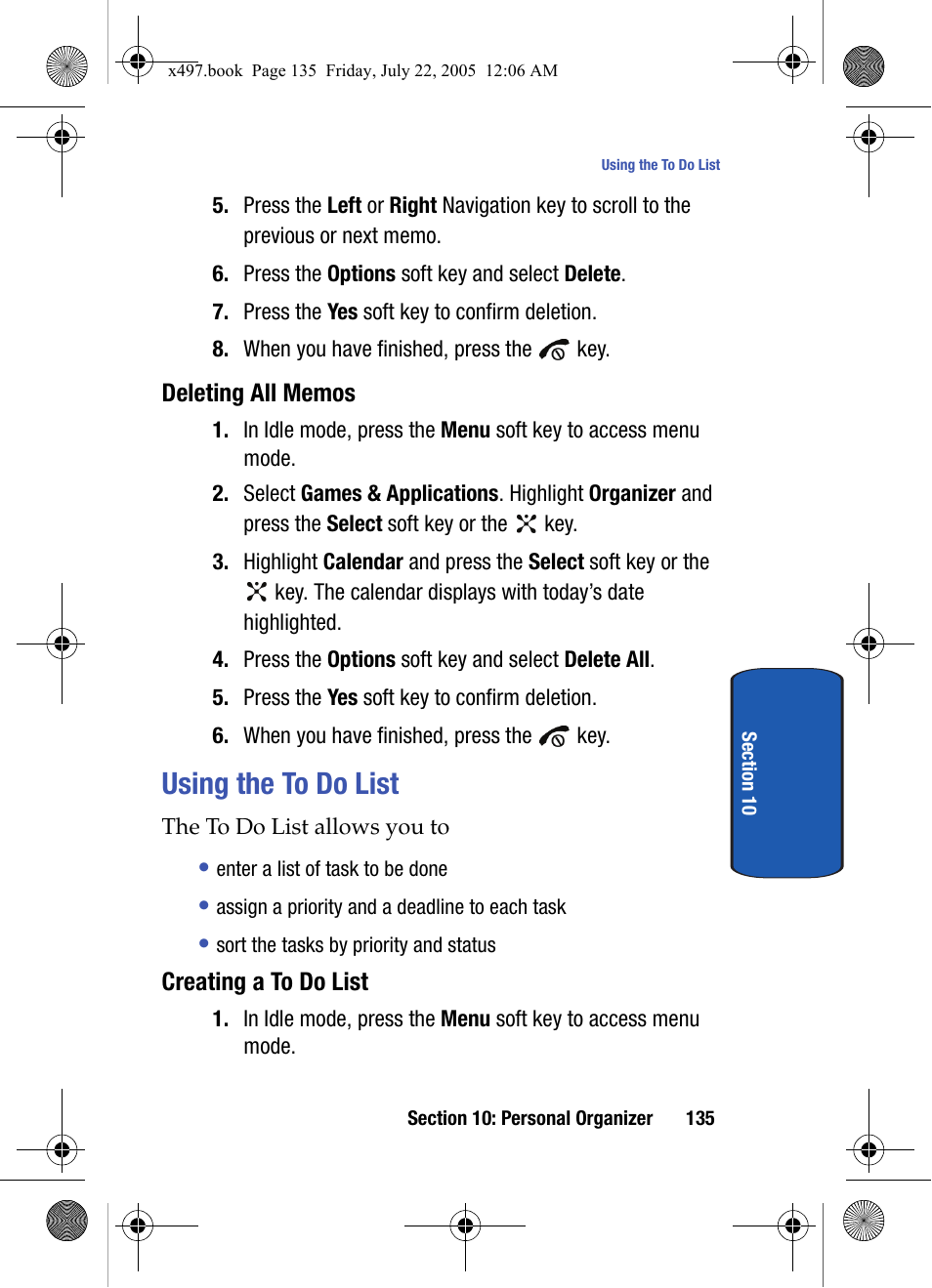 Deleting all memos, Using the to do list, Creating a to do list | Samsung SGH-x497 User Manual | Page 135 / 196