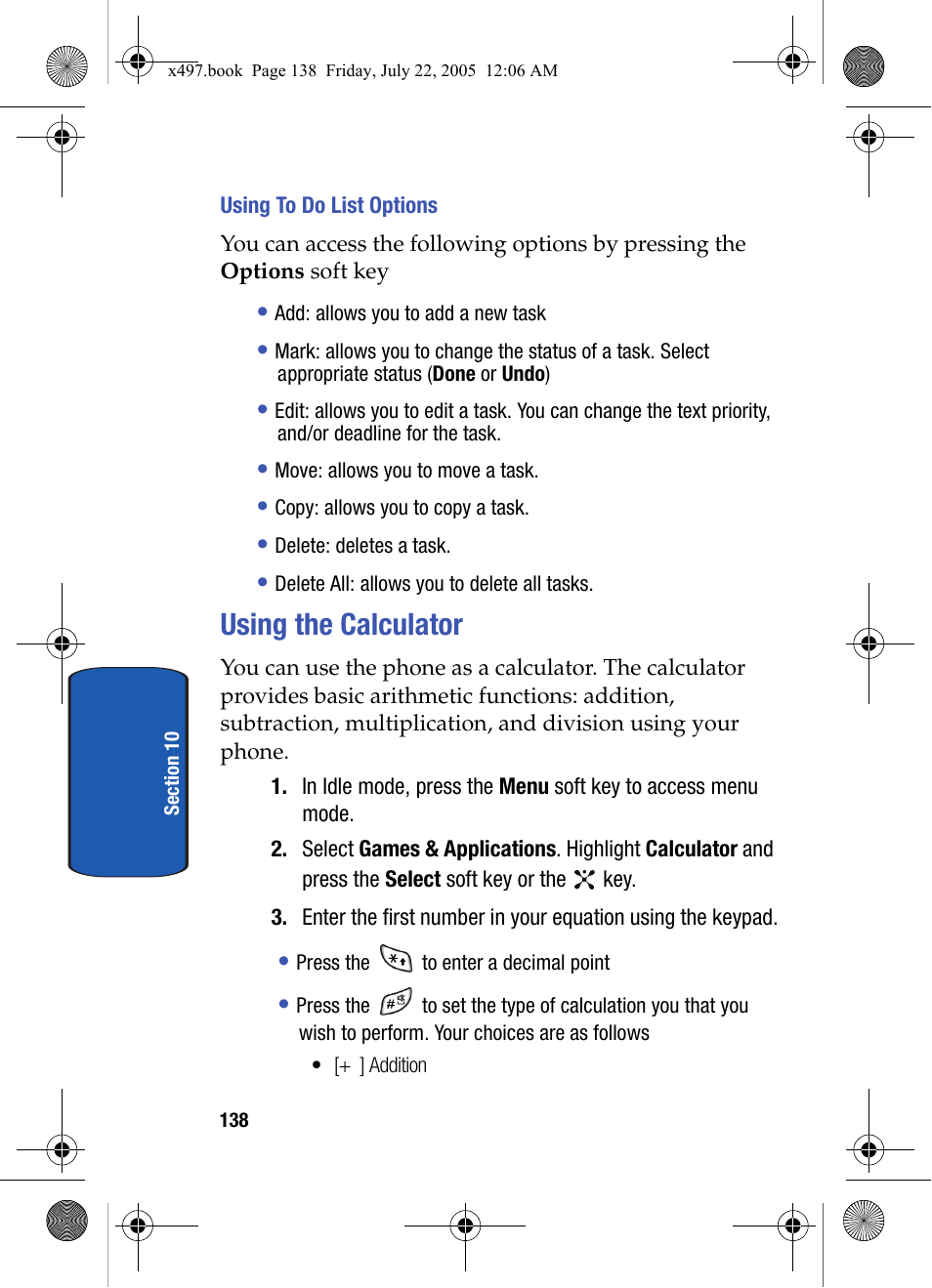 Using to do list options, Using the calculator | Samsung SGH-x497 User Manual | Page 138 / 196