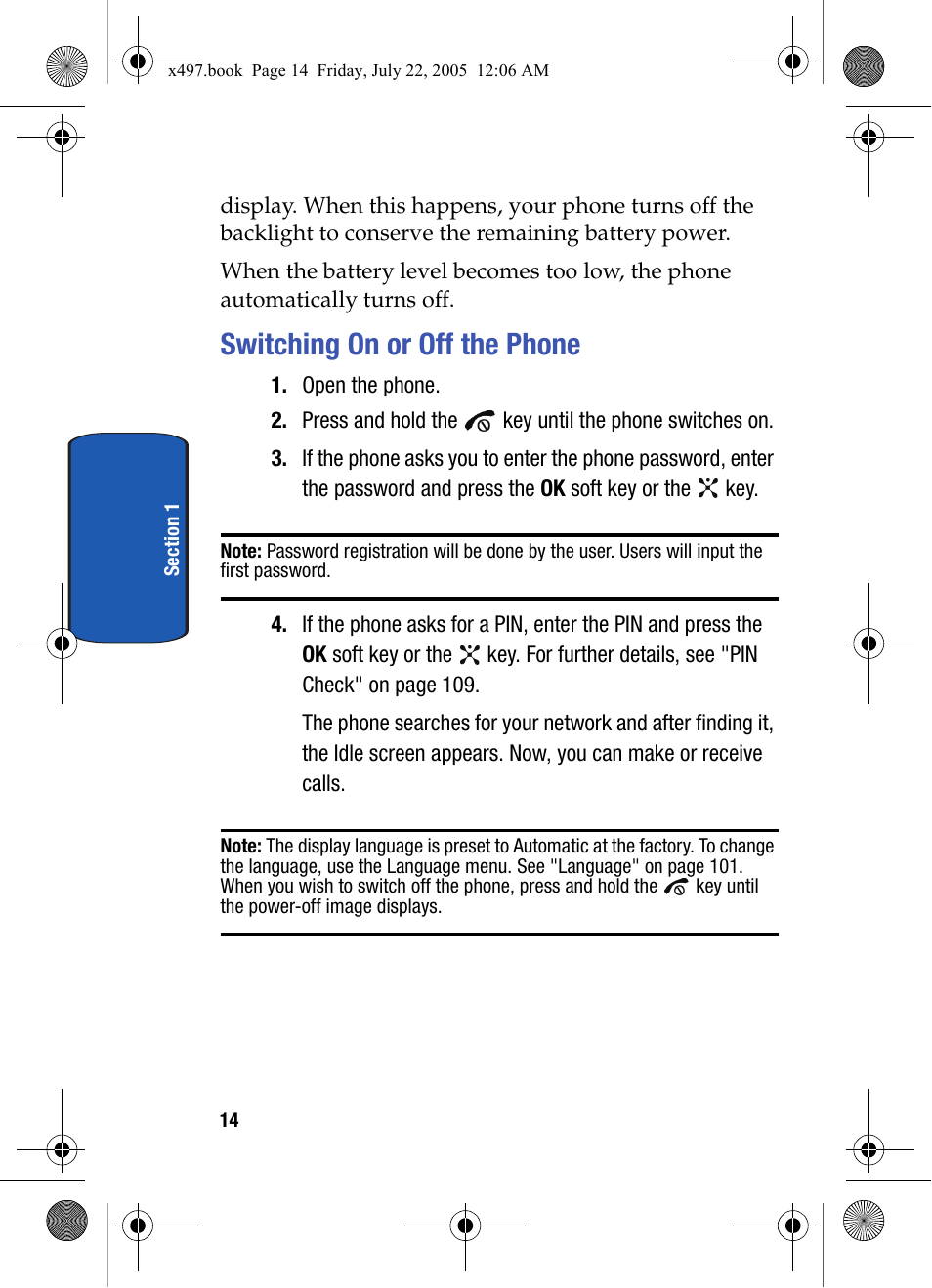 Switching on or off the phone | Samsung SGH-x497 User Manual | Page 14 / 196